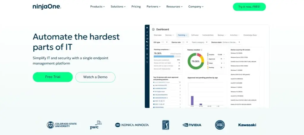 Dashboard of NinjaOne IT management software showcasing patching compliance and device insights.