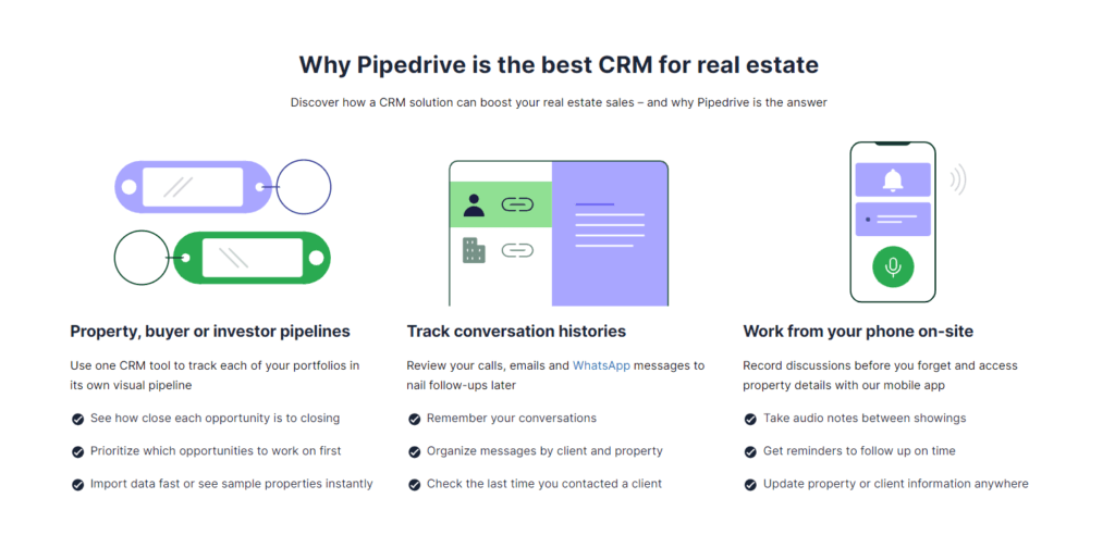 Pipedrive features tailored for real estate professionals.