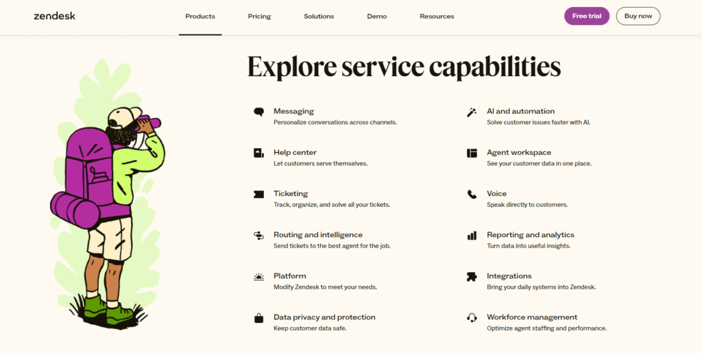 Zendesk service capabilities including messaging, ticketing, and AI automation.