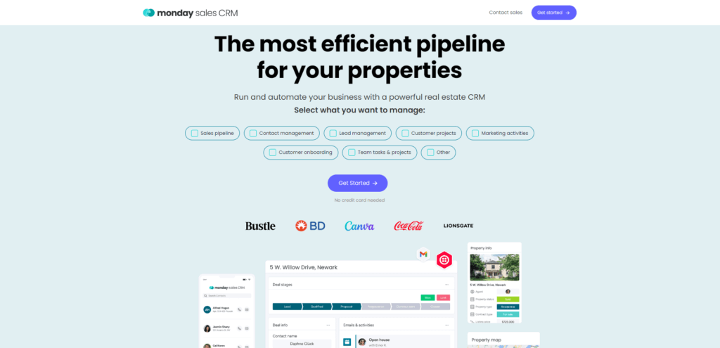 Real estate CRM interface in Monday CRM highlighting property details and pipeline stages.