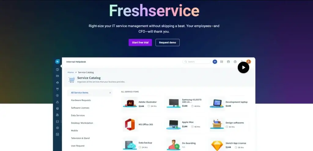 Freshservice homepage showcasing service catalog and features.