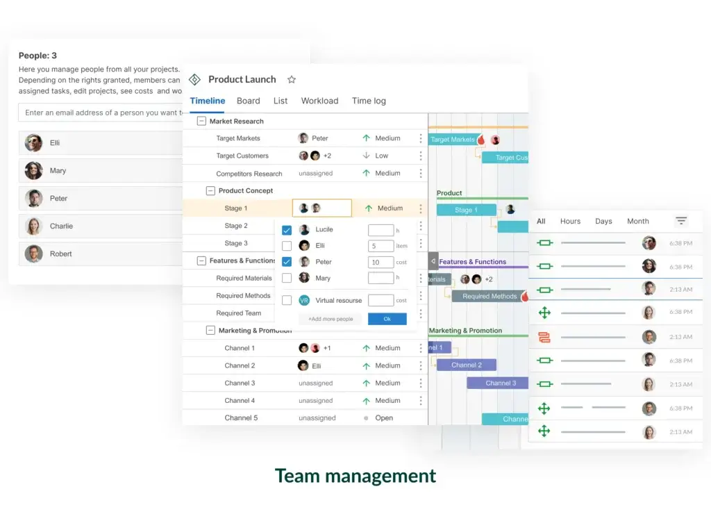 GanttPRO team management interface showing task assignments.