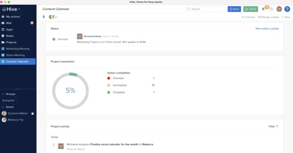 Hive project management dashboard showing content calendar and task completion status
