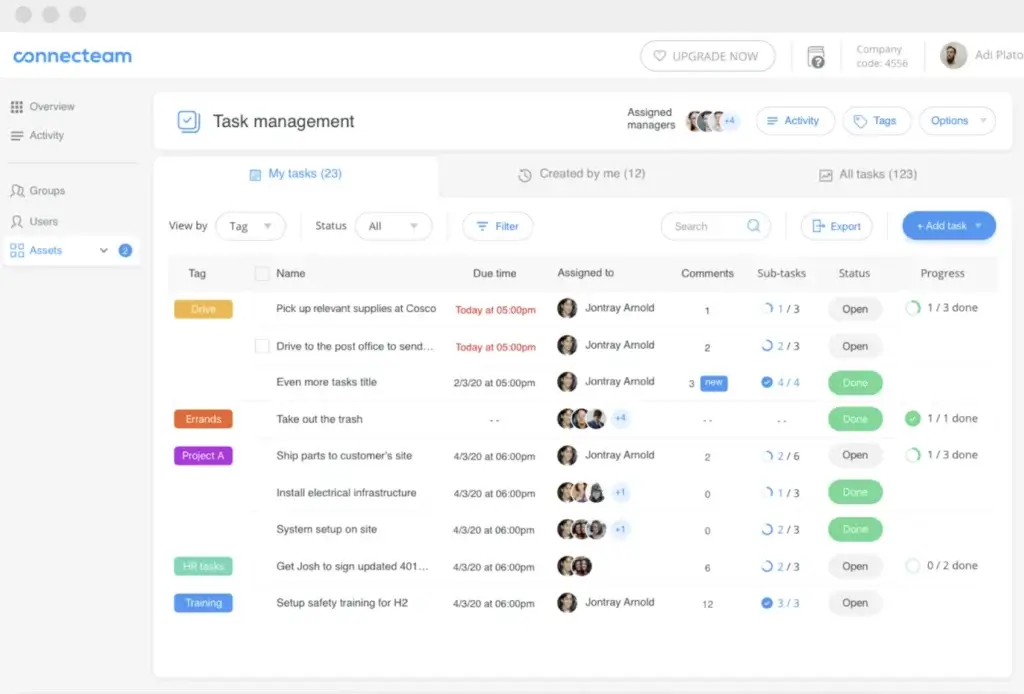 Screenshot of Connecteam task management interface showing various tasks and their statuses.