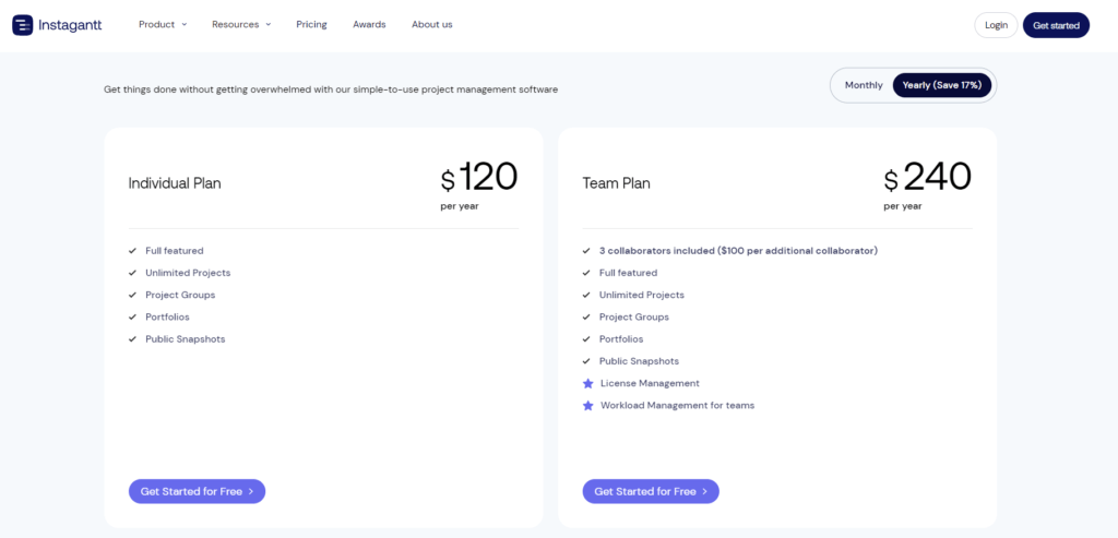 Instagantt pricing yearly