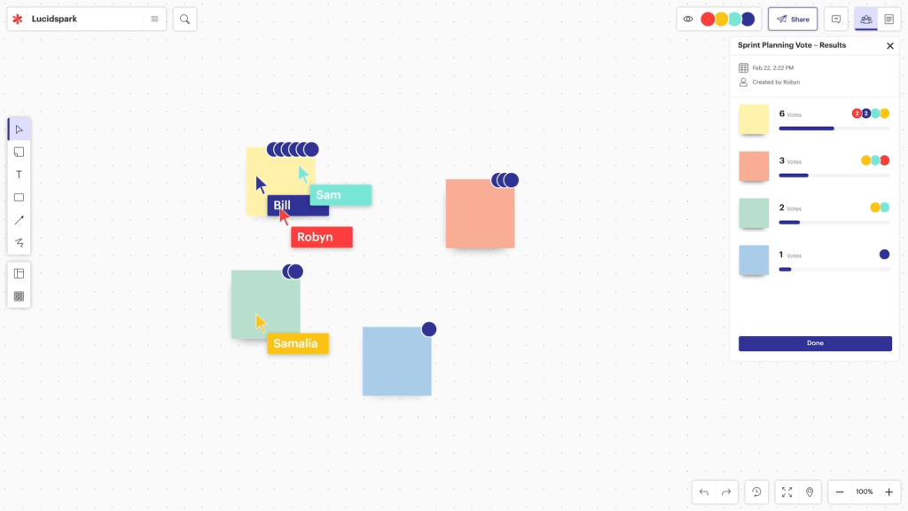 Lucidspark digital whiteboard with sticky notes and voting session.