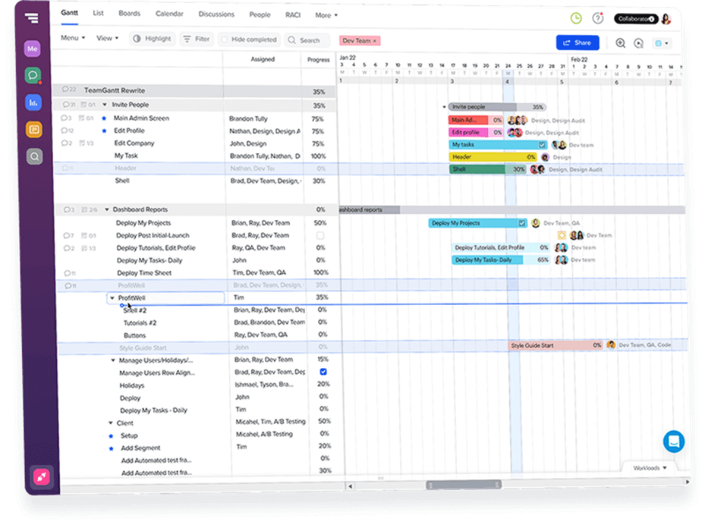 Detailed view of TeamGantt software showing task management in a Gantt chart