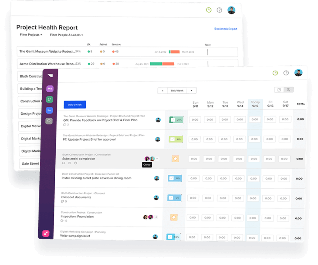 Screenshot of TeamGantt interface showing Project Health Report and weekly task tracking.