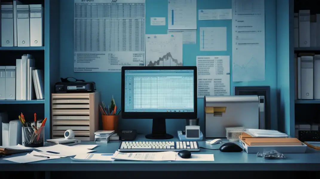 Top 10 Accounting software. Organized accounting workstation with desktop computer and files
