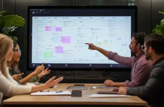 A team of four professionals discussing tasks on a large digital screen displaying a task management dashboard.