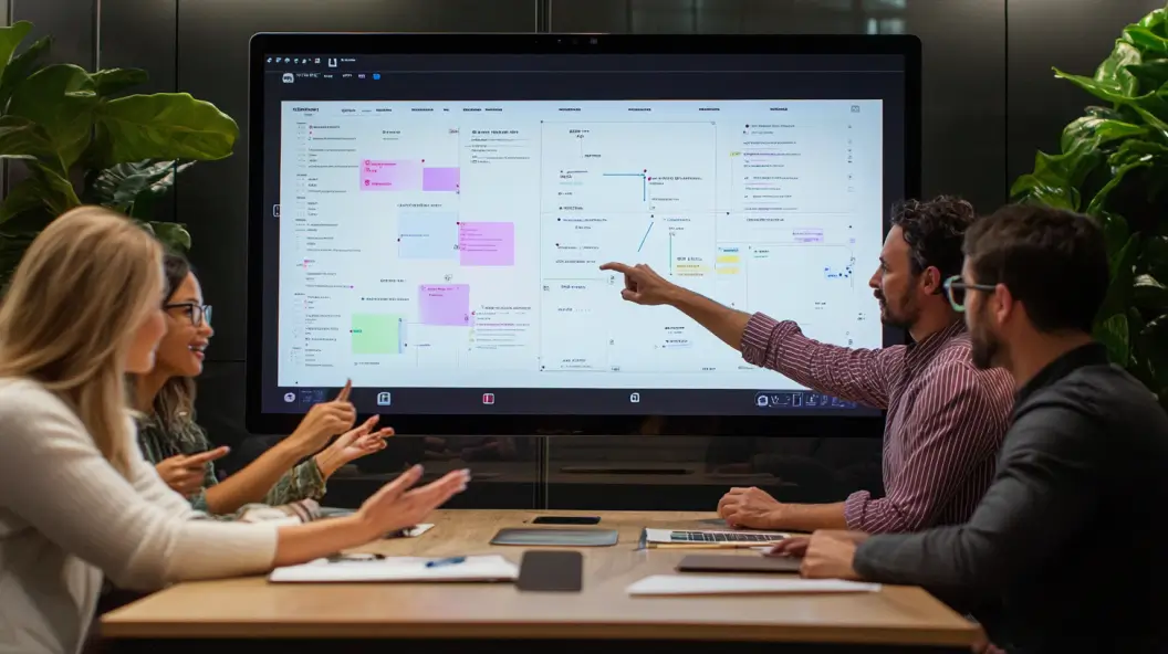A team of four professionals discussing tasks on a large digital screen displaying a task management dashboard.