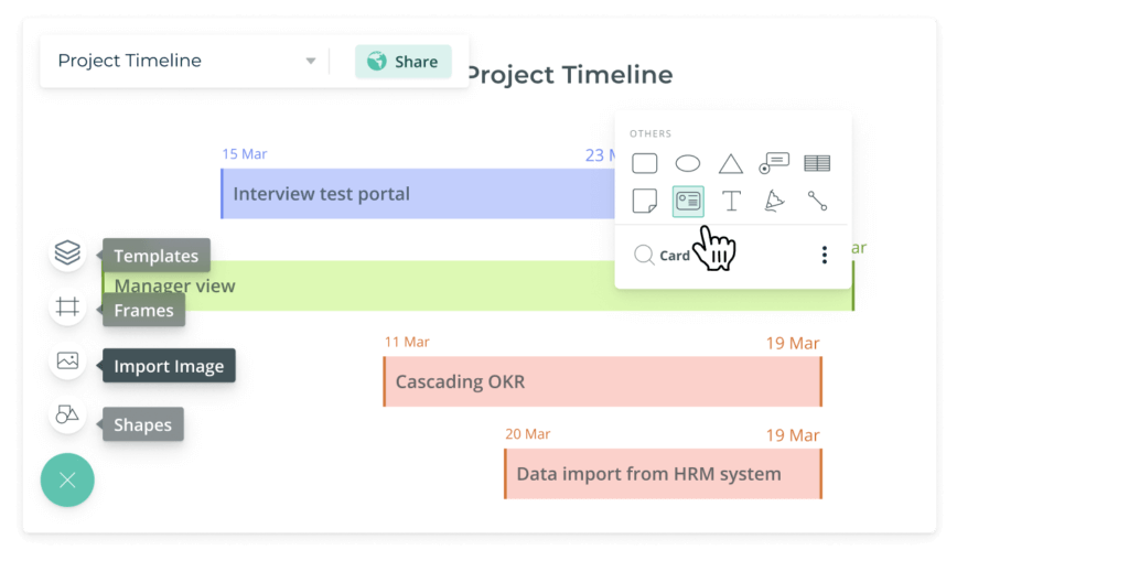 Creately project timeline with task tracking and diagramming tools.