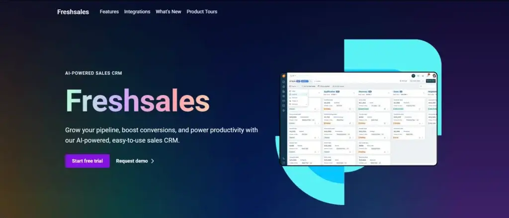 Freshsales CRM homepage showcasing AI-powered sales tools.