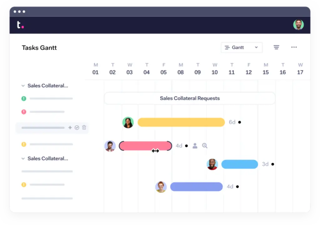 Teamwork Gantt chart with task dependencies and progress tracking