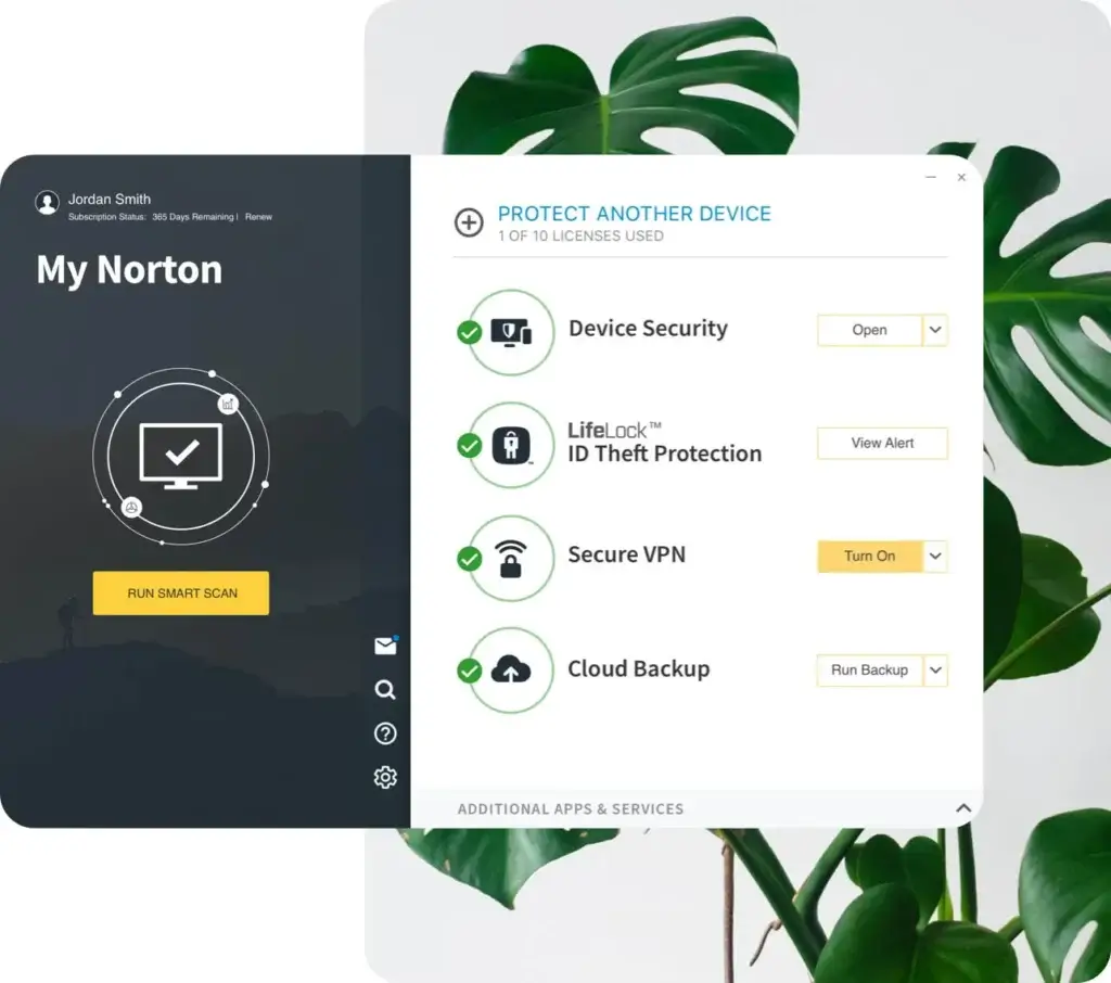 Norton antivirus dashboard with device and cloud security tools