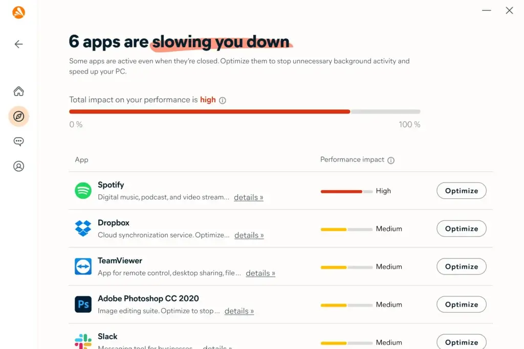 Avast showing apps that slow down system performance