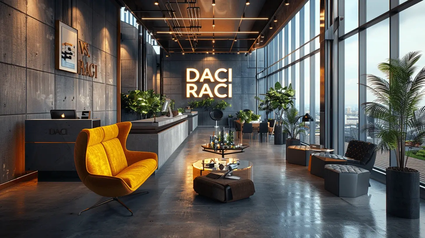 Modern office lobby with "DACI vs RACI" sign on the wall.