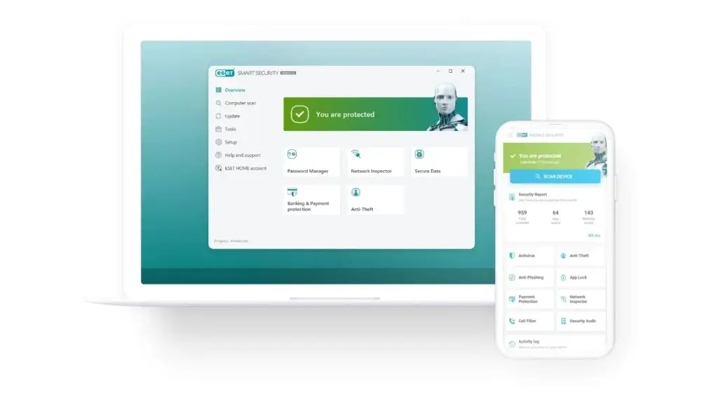 ESET antivirus dashboard on desktop and mobile showing real-time protection and security features
