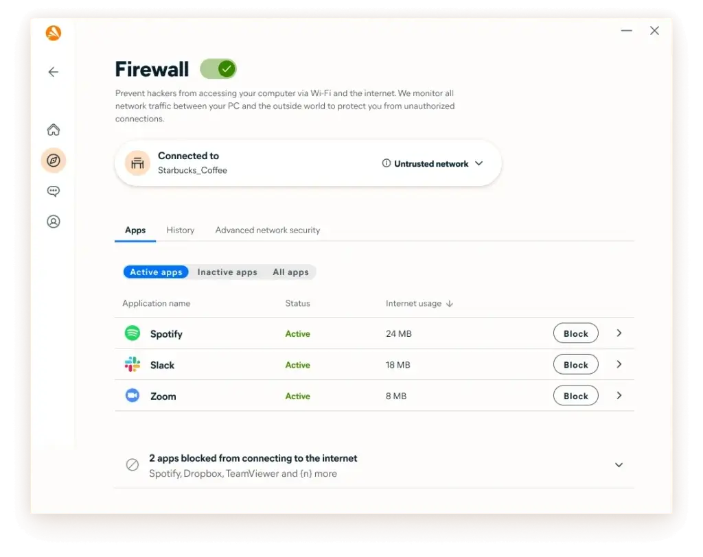 Avast firewall blocking apps on an untrusted network