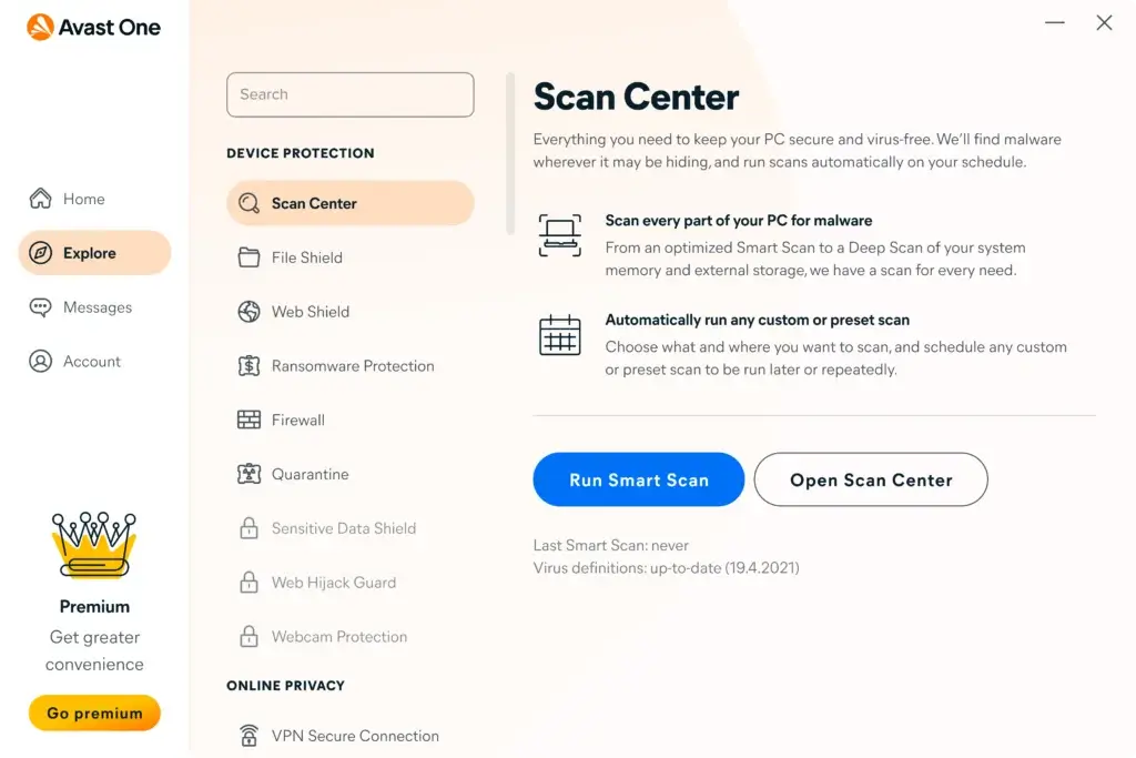 Avast Scan Center offering smart and custom scan options