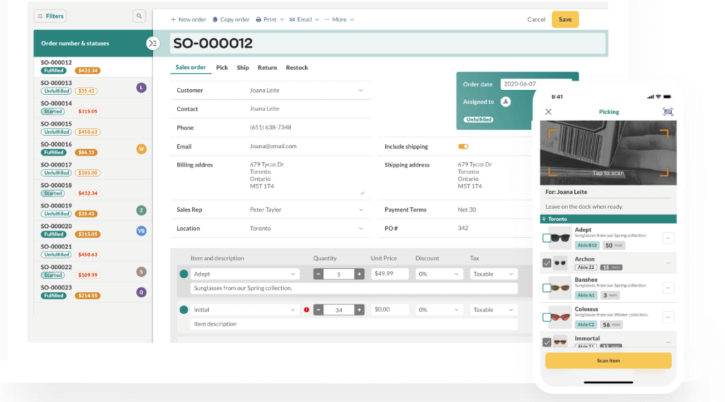 inFlow Inventory order management dashboard and mobile app interface.