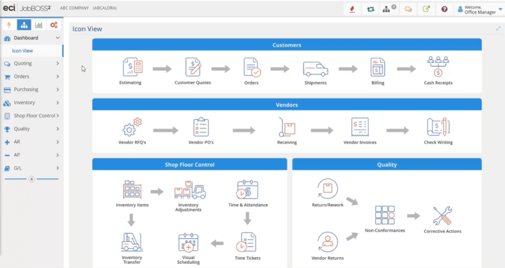 JobBoss software interface with shop floor control and quality management.