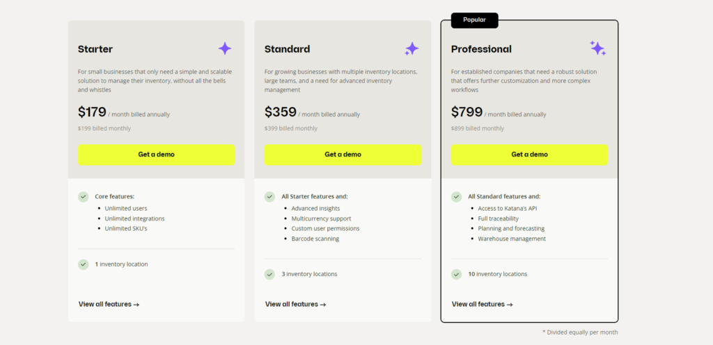 Katana ERP pricing plans for Starter, Standard, and Professional tiers.