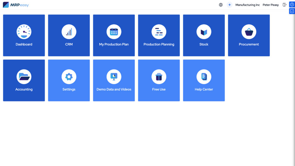 MRPeasy dashboard with production, CRM, stock, and procurement modules.