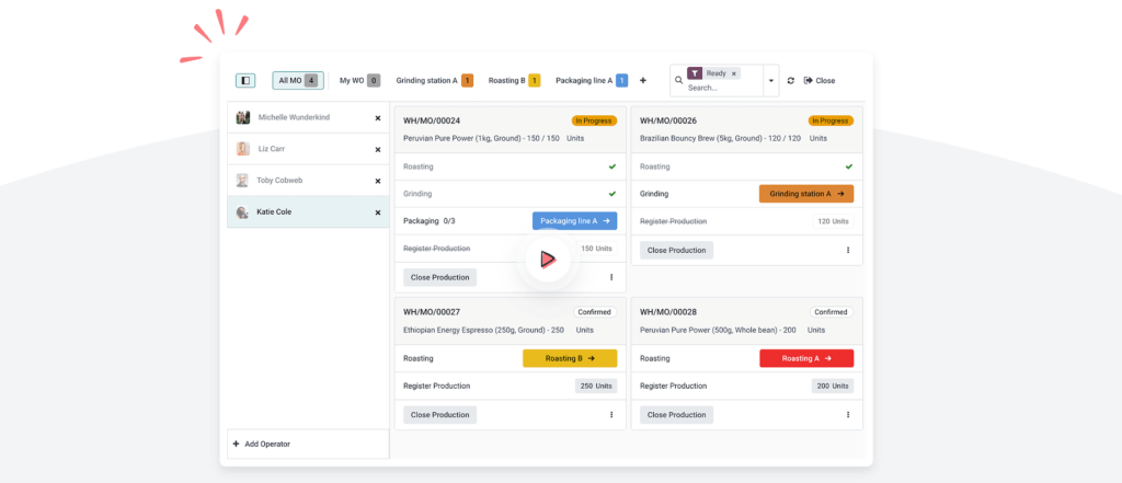 Odoo manufacturing interface showing inventory and production planning tools.