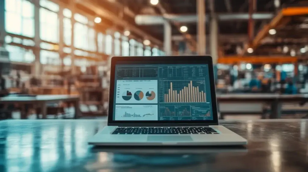 Manufacturing software dashboard showing production data and analytics.