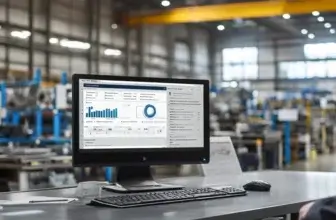 Computer monitor displaying manufacturing workflow tracking software.