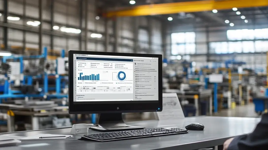 Computer monitor displaying manufacturing workflow tracking software.