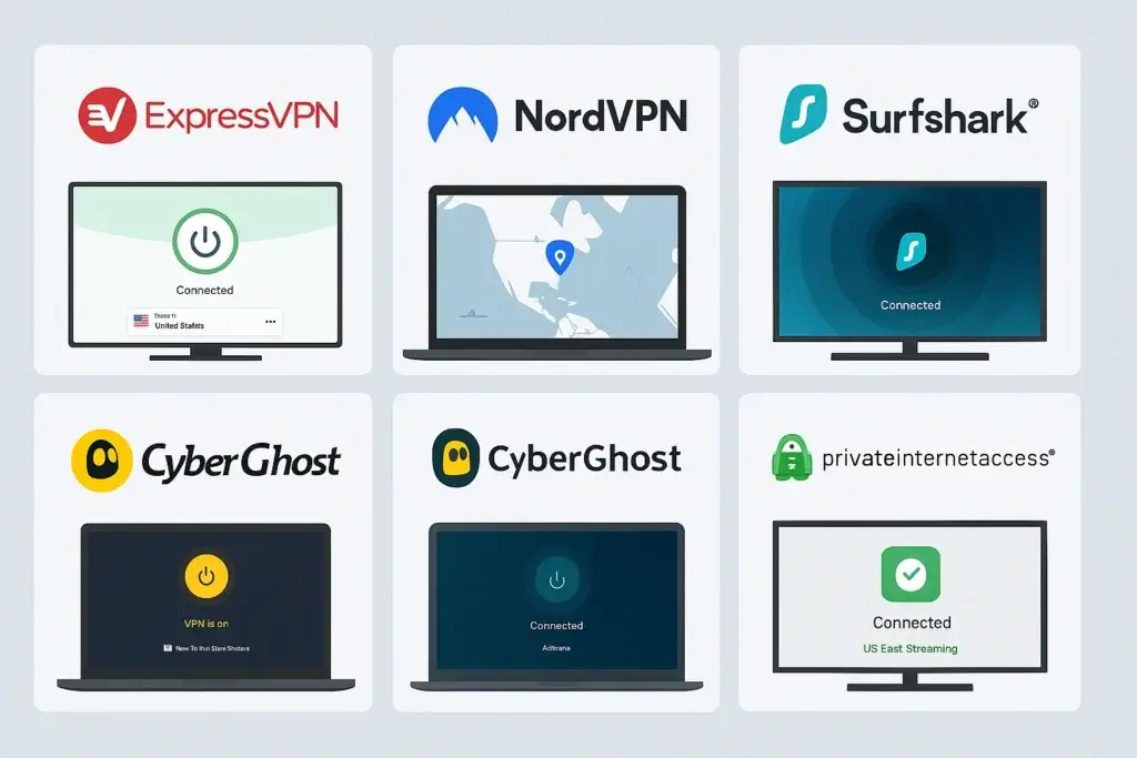 Logos and UI previews of top VPN for streaming in 2025