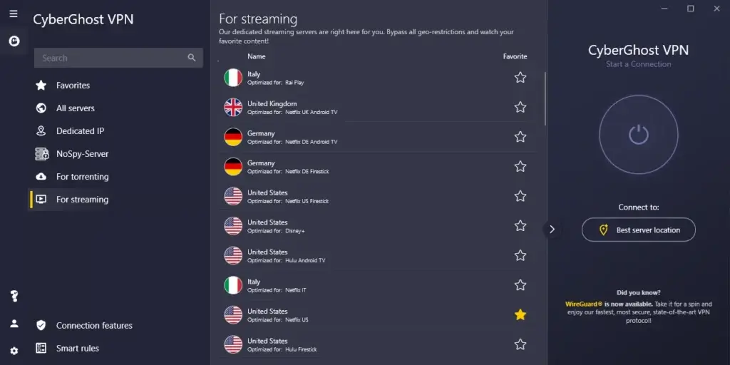 CyberGhost Streaming-optimized server list for Netflix, Disney+, and Hulu