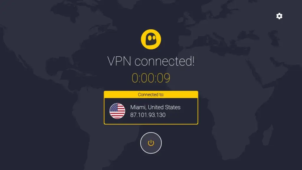 Cyberghost VPN connected to Miami server with IP address shown