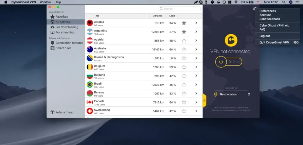 CyberGhost server list with locations and load percentage on macOS