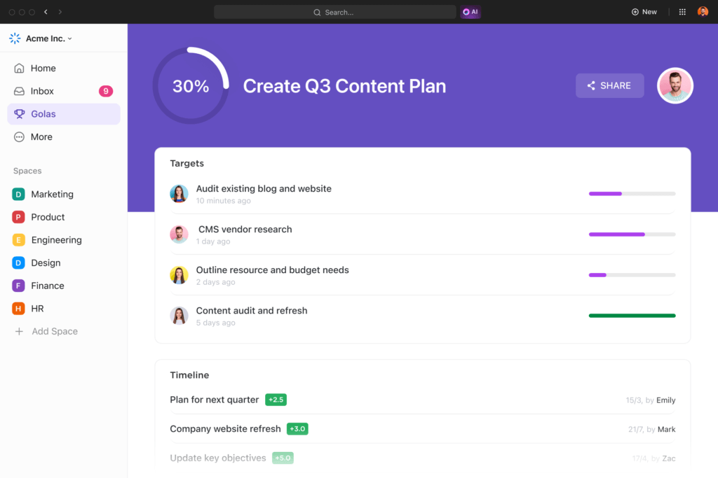 ClickUp marketing view