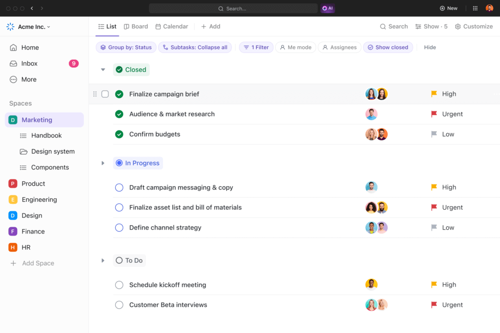 Task management view