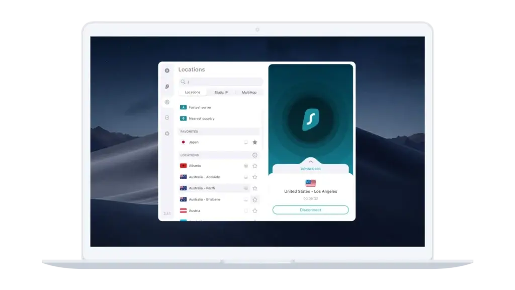 Surfshark VPN app connected to Los Angeles on MacBook