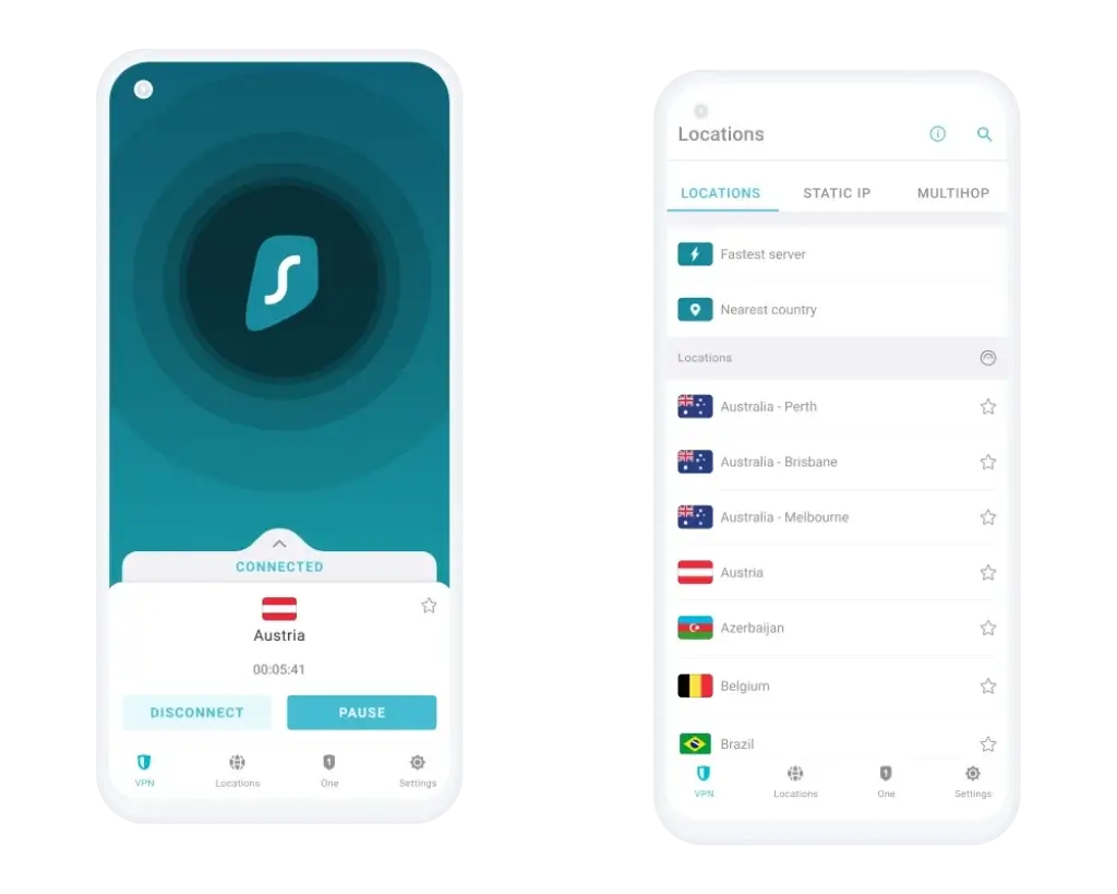 Surfshark VPN mobile app with Austria server and location list