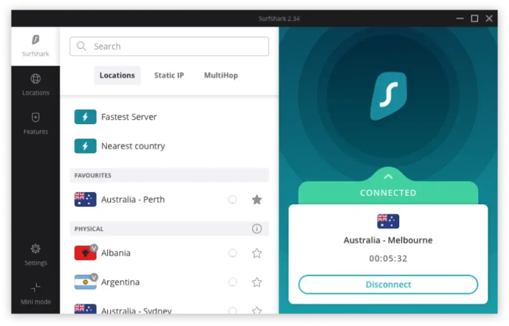 Surfshark VPN Windows app connected to Australia