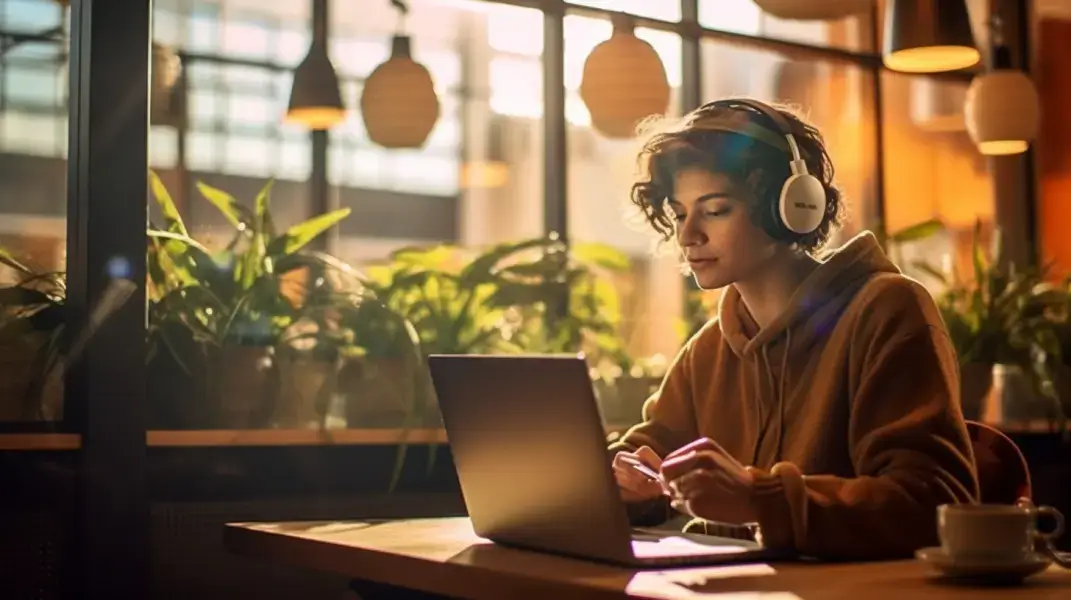 Woman using laptop with headphones in a café, focusing on computer tasks and online safety.