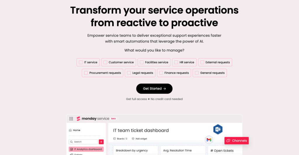 Monday Service dashboard showcasing service management categories.