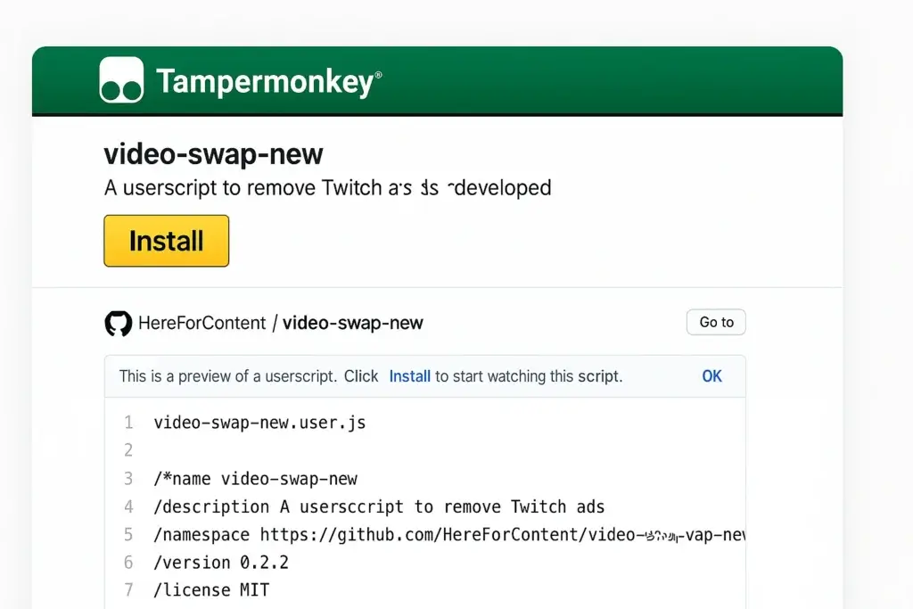 Tampermonkey install screen for video-swap-new Twitch ad-blocking script