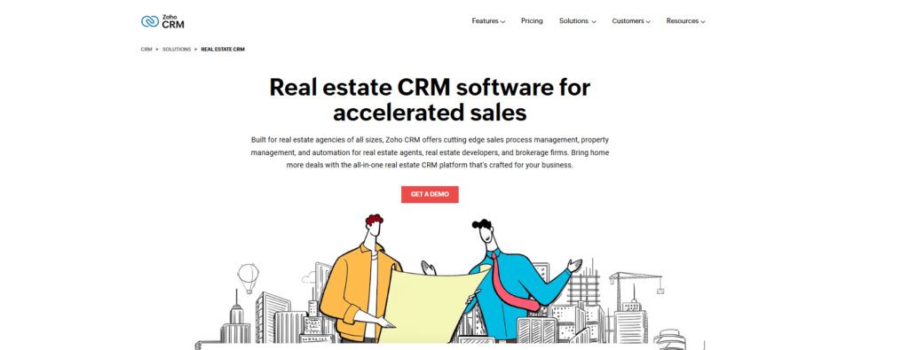 Zoho CRM for real estate agencies showcasing automation and property management.