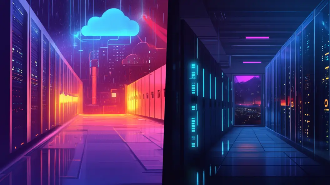 Cloud vs. on-premise ITSM data centers, futuristic visualization.