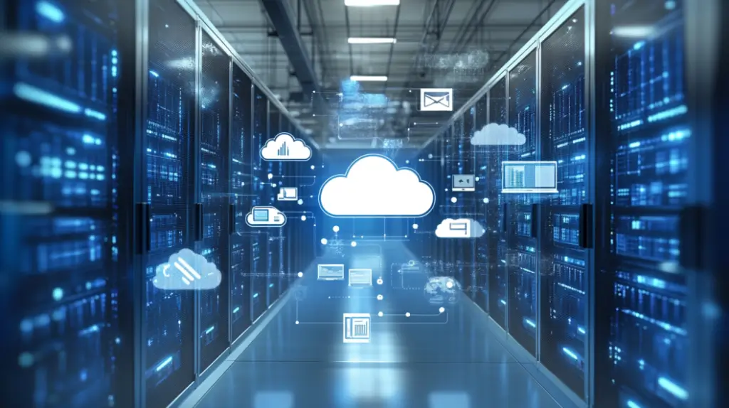 Cloud-Based ITSM icons floating over a data center.