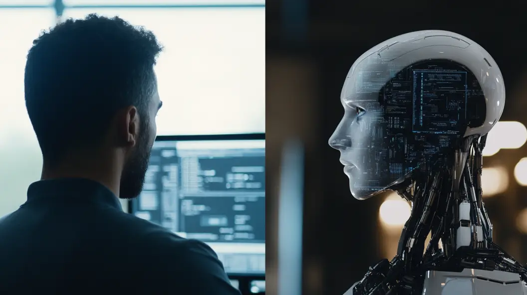 A futuristic AI-powered IT technician analyzing system data. ITSM evolution