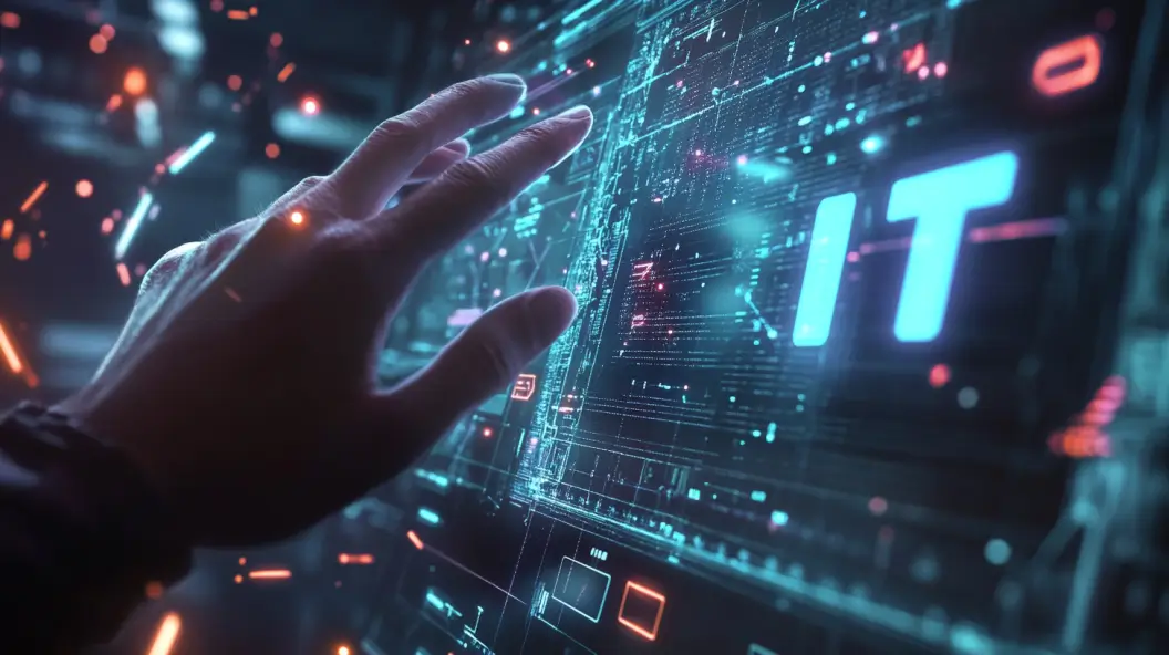 What is ITSM? A futuristic IT dashboard with holographic interface.