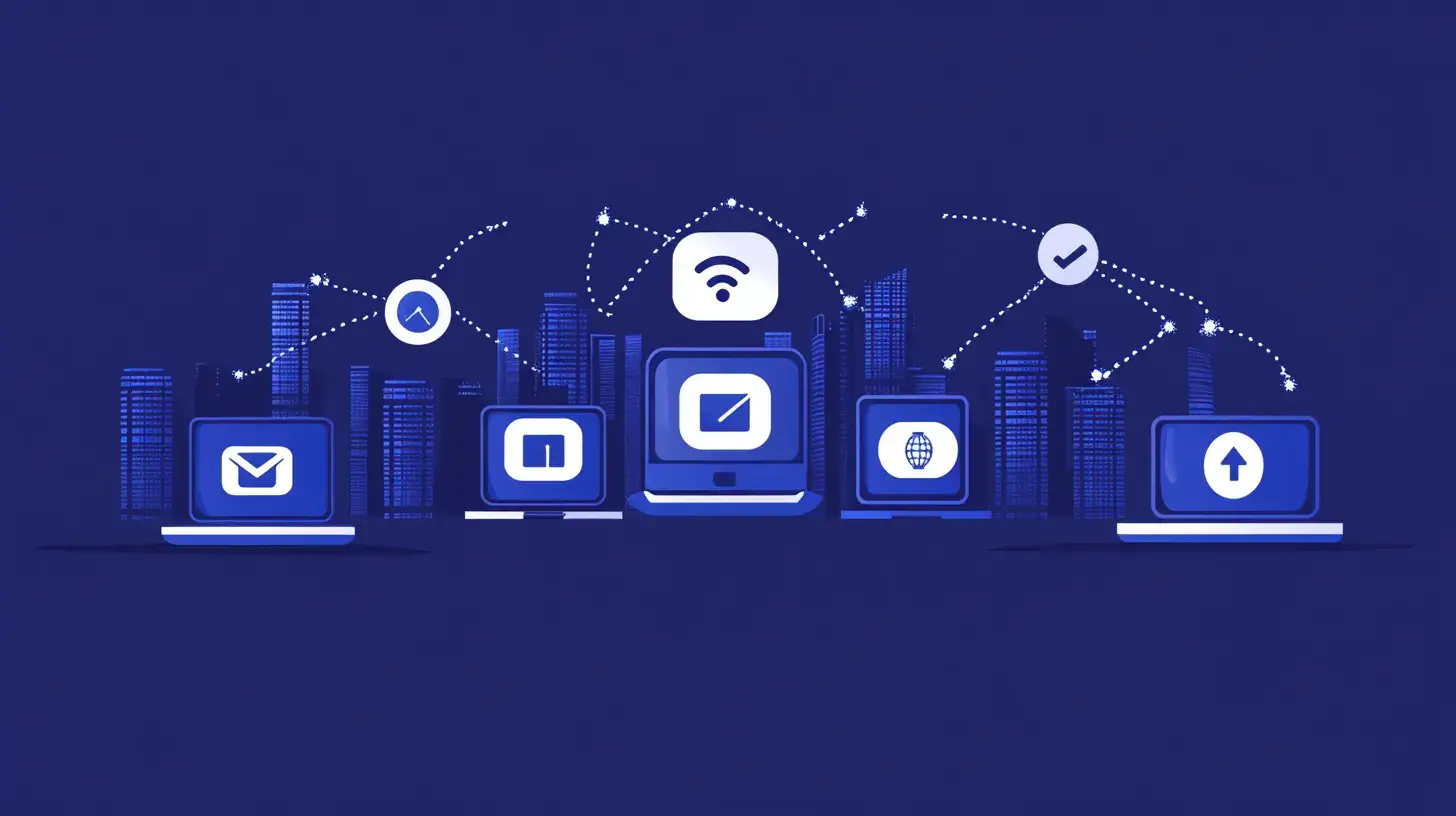 A digital illustration of IT solutions with interconnected laptops, icons, and a smart city background.